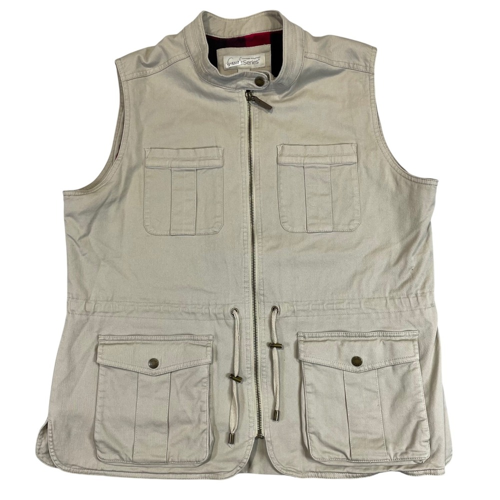 Gander Mountain Guide Series Mens XL Khaki Utility Vest Plaid Lined Full Zip Tan